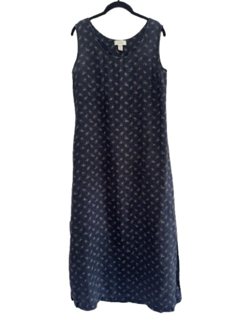 Vintage Lord & Taylor Linen Navy Blue Floral Maxi Dress Side Slits Sleeveless